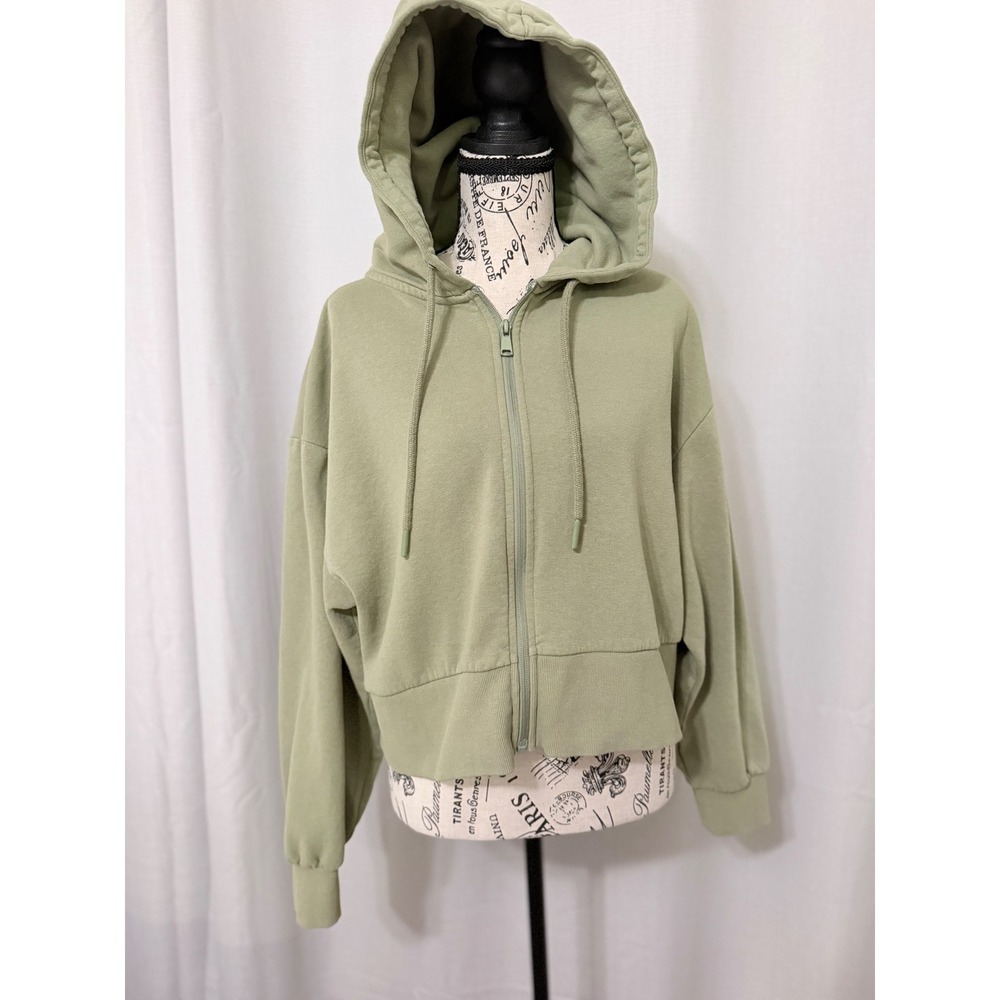 Zara Womens Sage Green Cropped Full Zip Hoodie Sweatshirt Size Medium